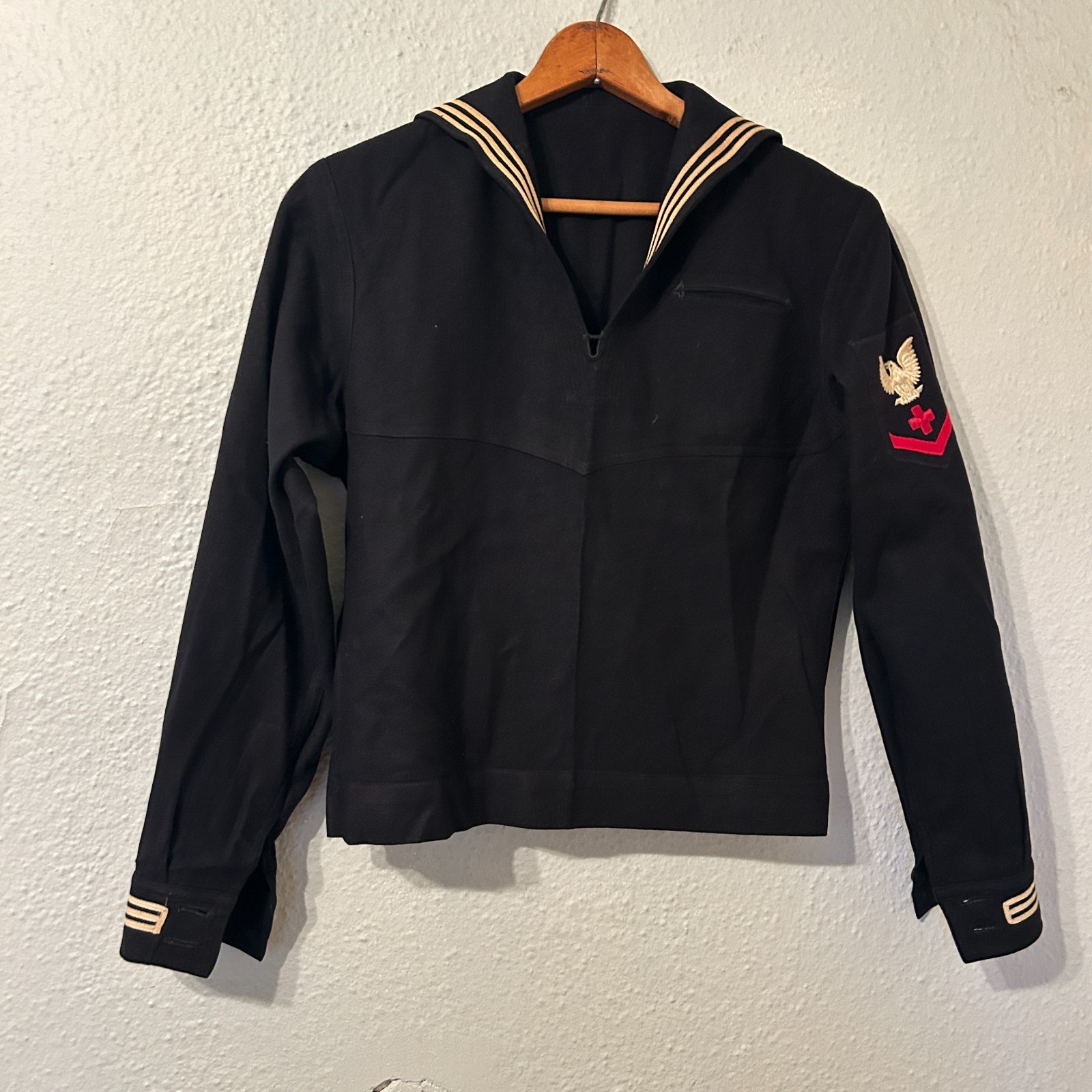 Vtg 40s WWII US Military Navy Cracker Jack Uniform Top Sz S Sailor Patch Named B Vtg 40s WWII US Military Navy Cracker Jack Uniform Top Sz S Sailor Patch Named B