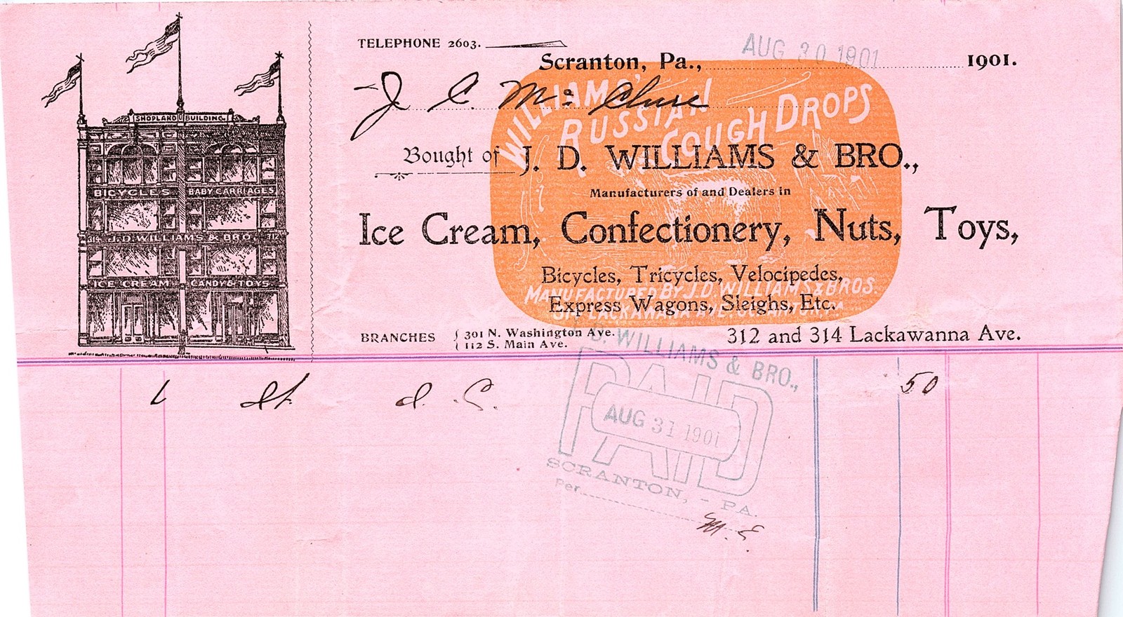 1901 J.D. Williams & Bro. Scranton, PA billhead 1901 J.D. Williams & Bro. Scranton, PA billhead