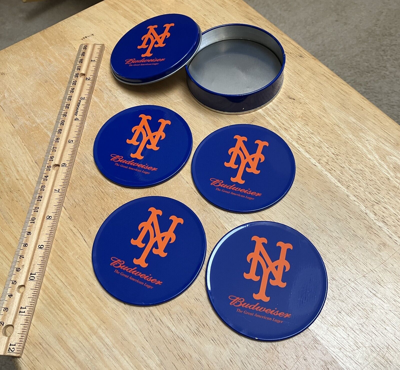 NY Mets Coasters Metal Budweiser Set of 4 w Case