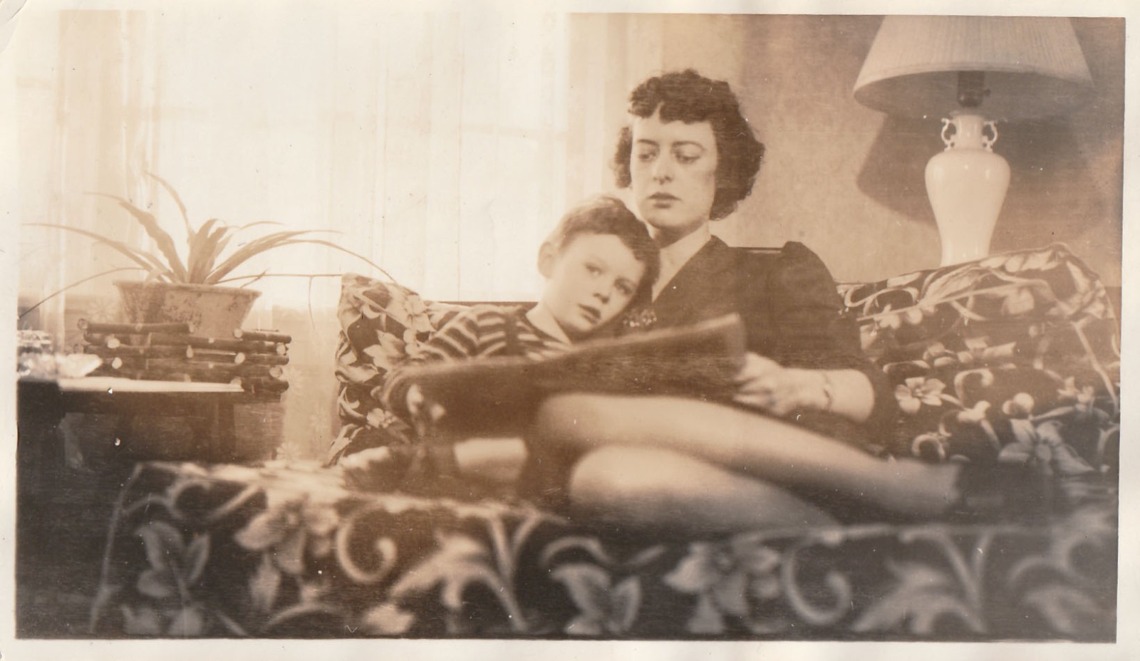 Vintage Photo 1940 WW2 Era Mother & Son Reading Somber Expressions Americans USA Vintage Photo 1940 WW2 Era Mother & Son Reading Somber Expressions Americans USA