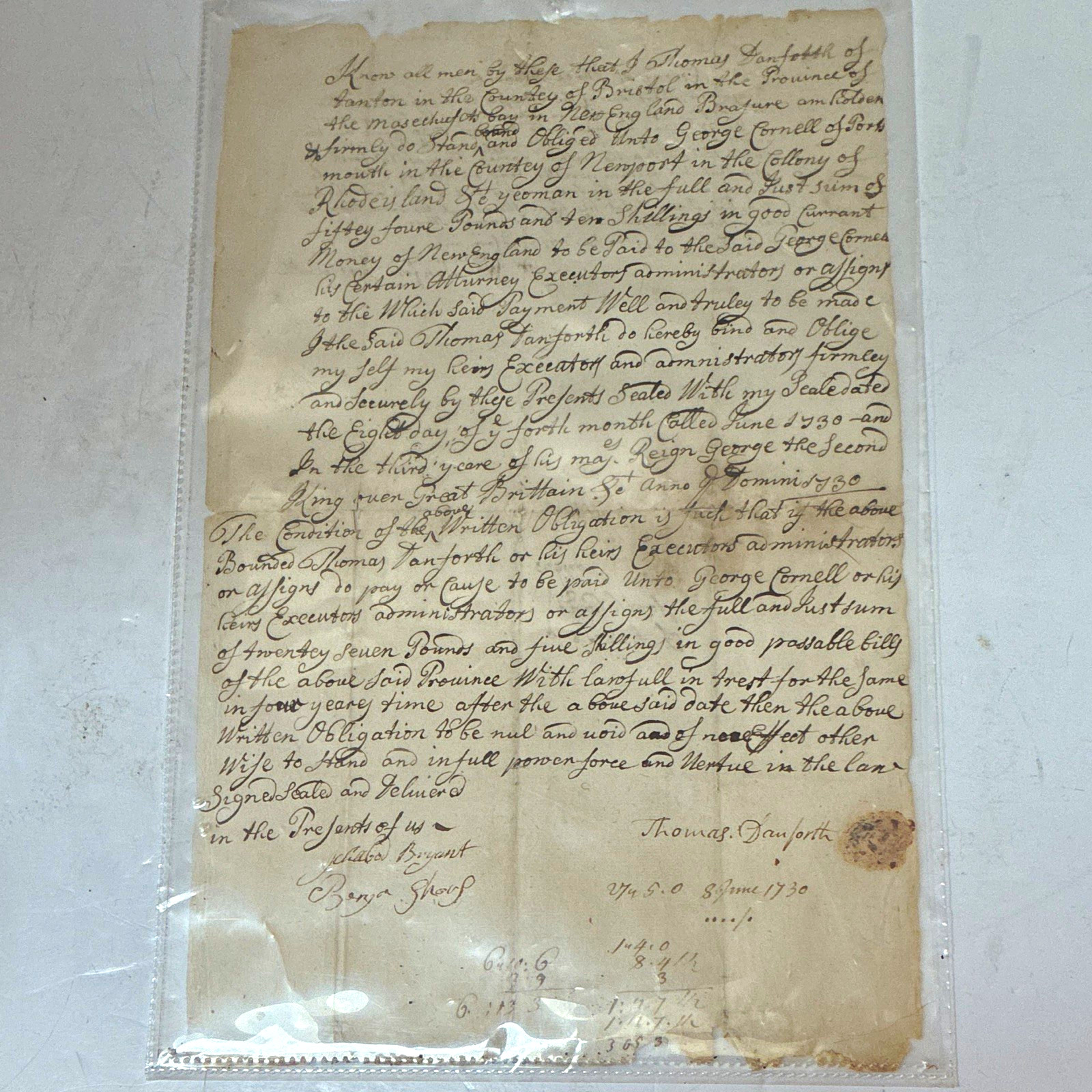Rare 1730 Colonial New England Manuscript Document - Danforth & Cornell