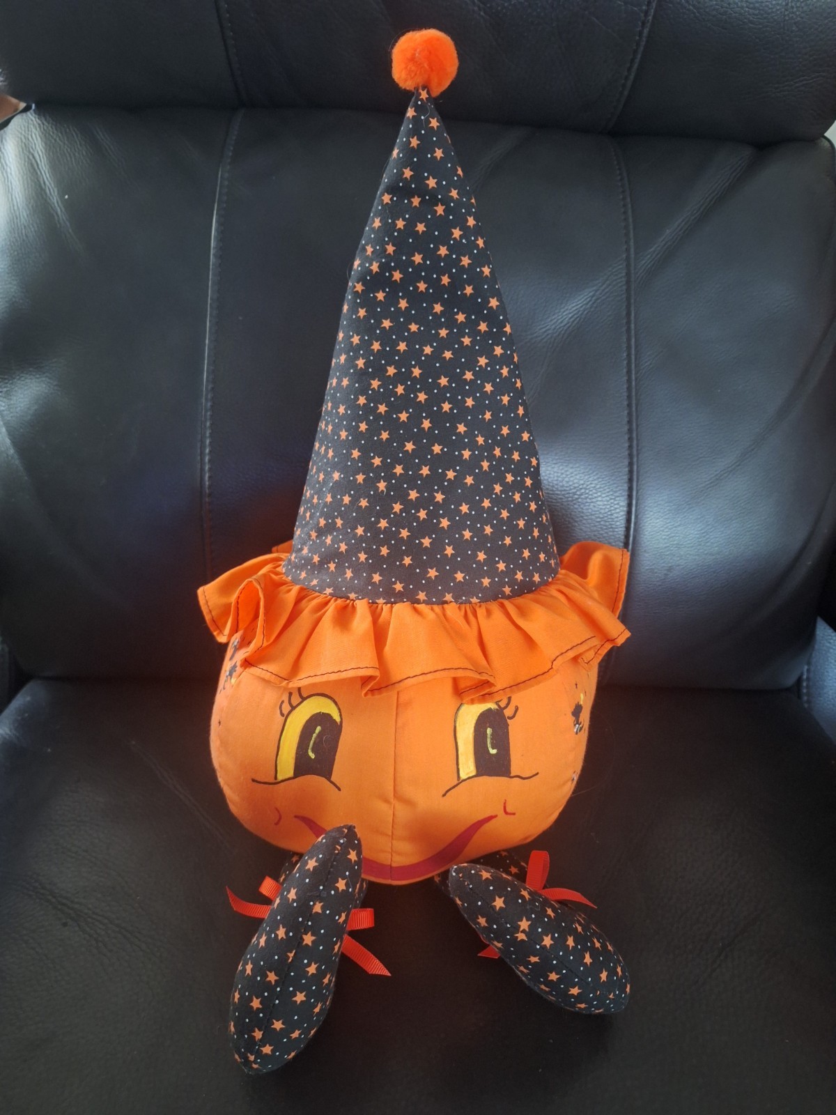 VTG Handmade Cute Halloween Pumpkin Witch Shelf Sitter Stuffed 12\