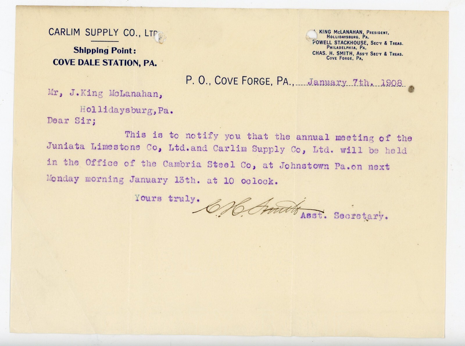 1908 Carlim Supply Co Notice Juniata Limestone & Cambria Steel Co Cove Forge PA 1908 Carlim Supply Co Notice Juniata Limestone & Cambria Steel Co Cove Forge PA