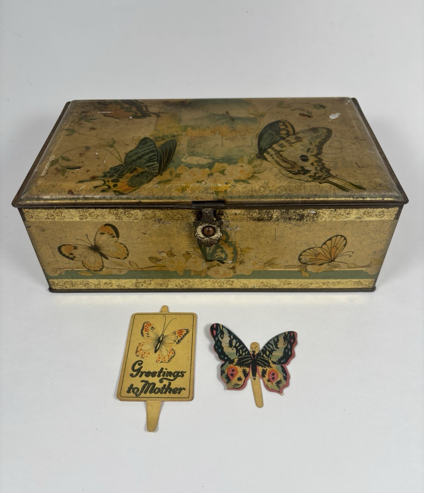 Antique Artstyle Chocolates Butterfly Tin Mother Greeting Inserts 1920s