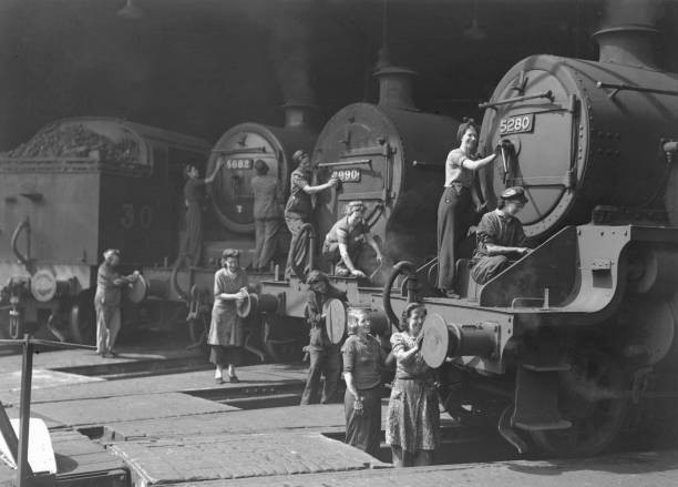 Group of women volunteers cleaning sulphur deposits from LMS steam- Old Photo Group of women volunteers cleaning sulphur deposits from LMS steam- Old Photo