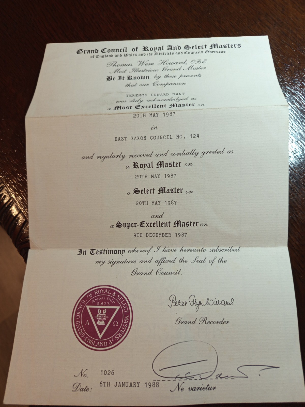 1987 Grand Lodge Royal and Select Masters Certificate Freemasonry masonic/898 1987 Grand Lodge Royal and Select Masters Certificate Freemasonry masonic/898