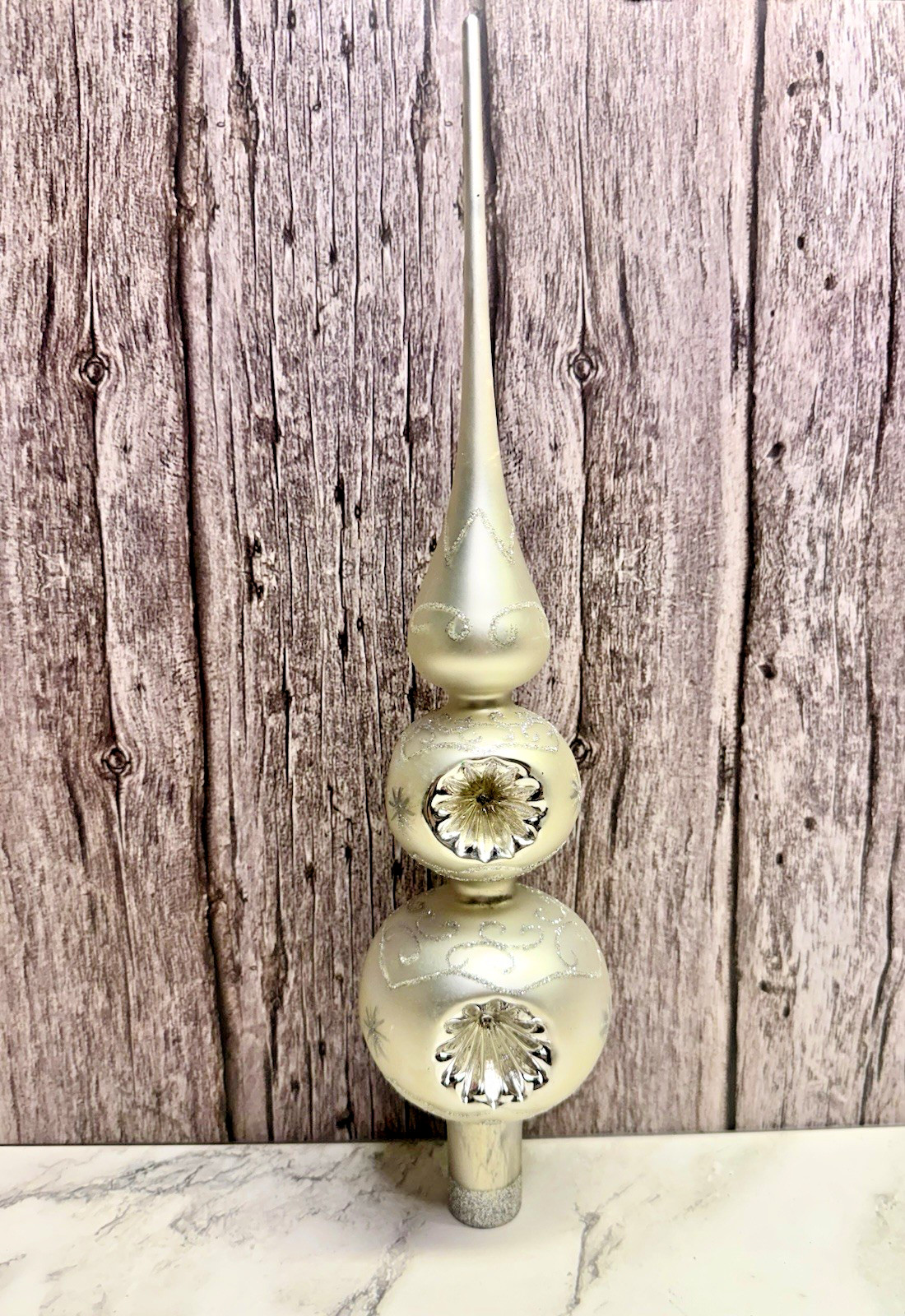 Vintage Glass 3 Tiered Triple Indent Silver Mica Christmas Tree Topper Ornament Vintage Glass 3 Tiered Triple Indent Silver Mica Christmas Tree Topper Ornament