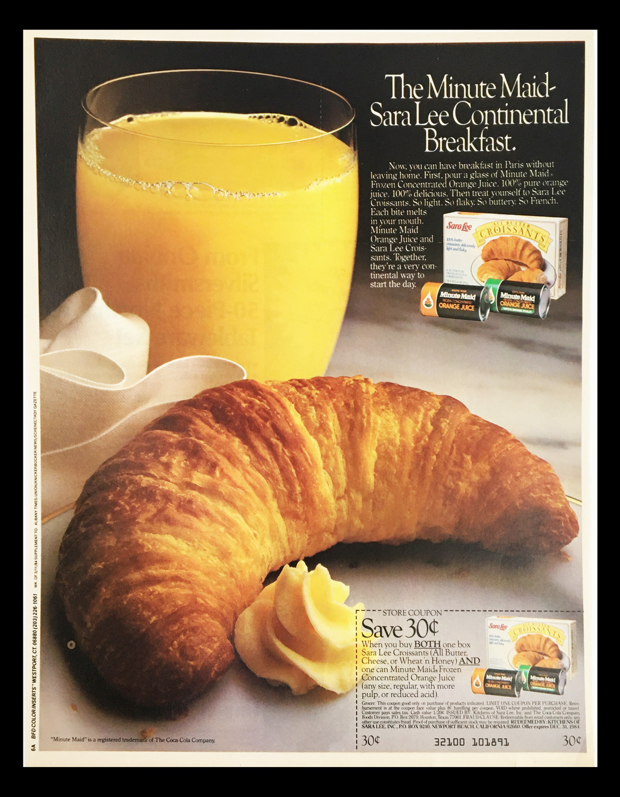 1984 Minute-Maid Sara Lee Continental Breakfast Circular Coupon Advertisement