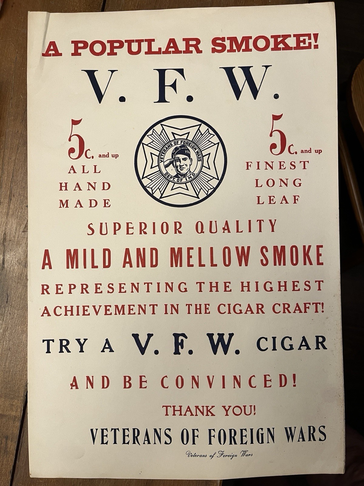 Vintage 20’s V.F.W. Broadside Fundraising Cigar Poster - First Edition Not Repop Vintage 20’s V.F.W. Broadside Fundraising Cigar Poster - First Edition Not Repop