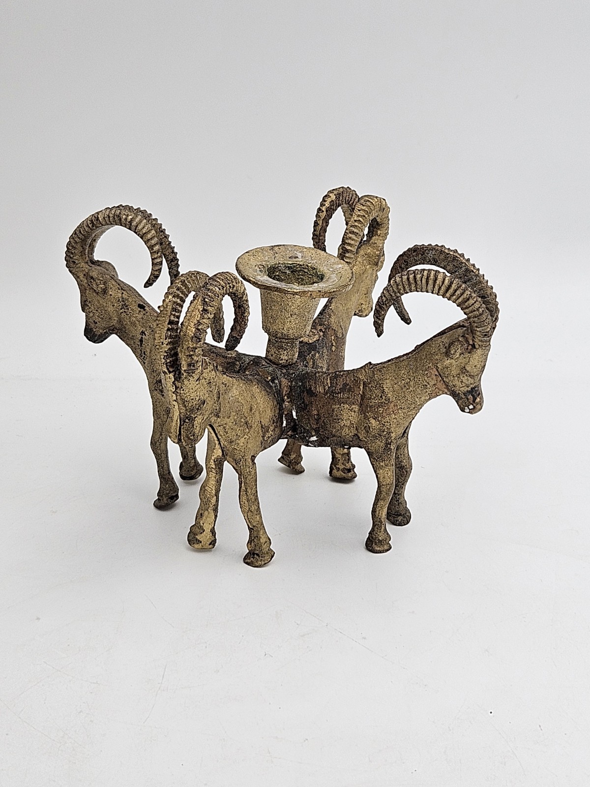 Antique Casted Brass Ram Goats Candle Stick Holder Circle Patina Antique Casted Brass Ram Goats Candle Stick Holder Circle Patina