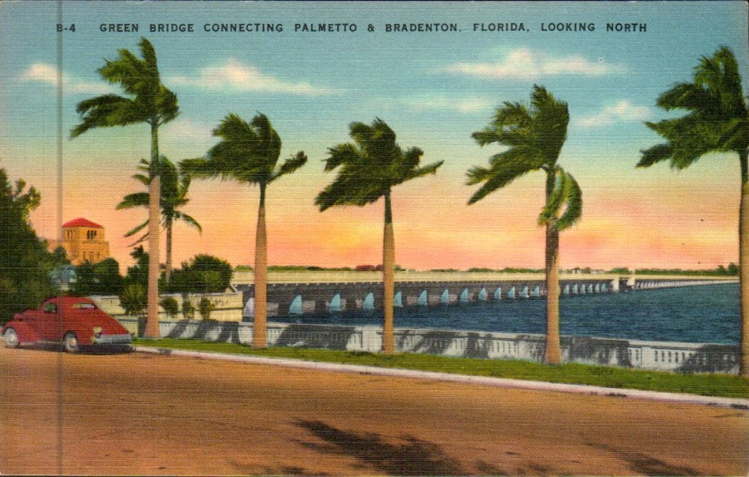 Bradenton FL - Green Bridge to Palmetto, Looking North - Linen Postcard - c1945