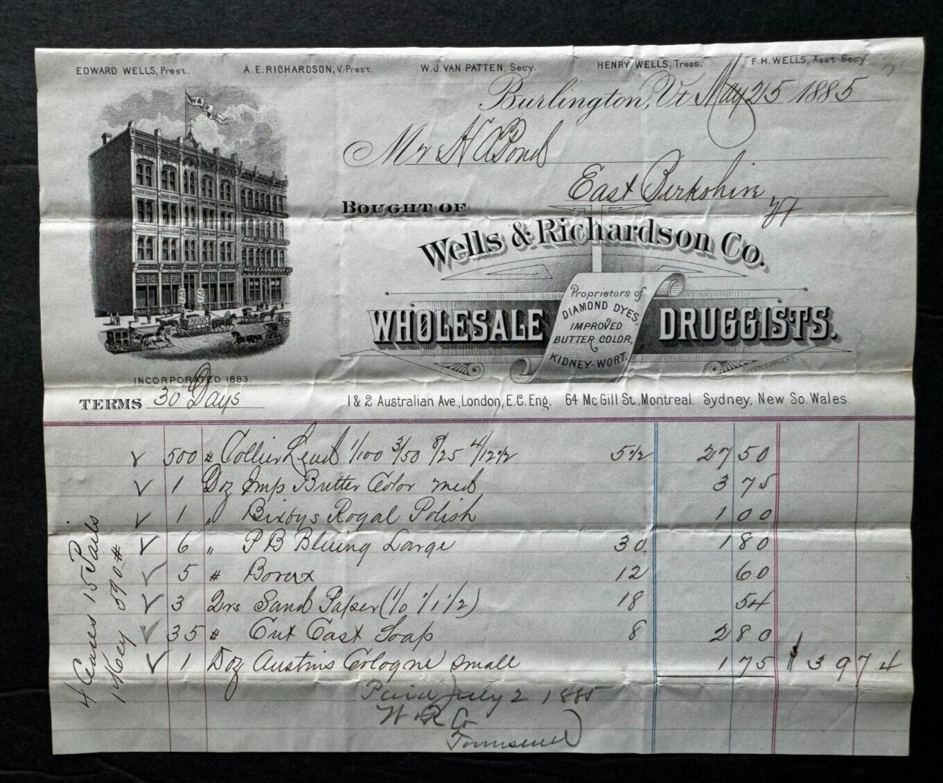 Vtg 1885 Billhead Burlington Vermont Wells & Richardson Co Druggists vignette