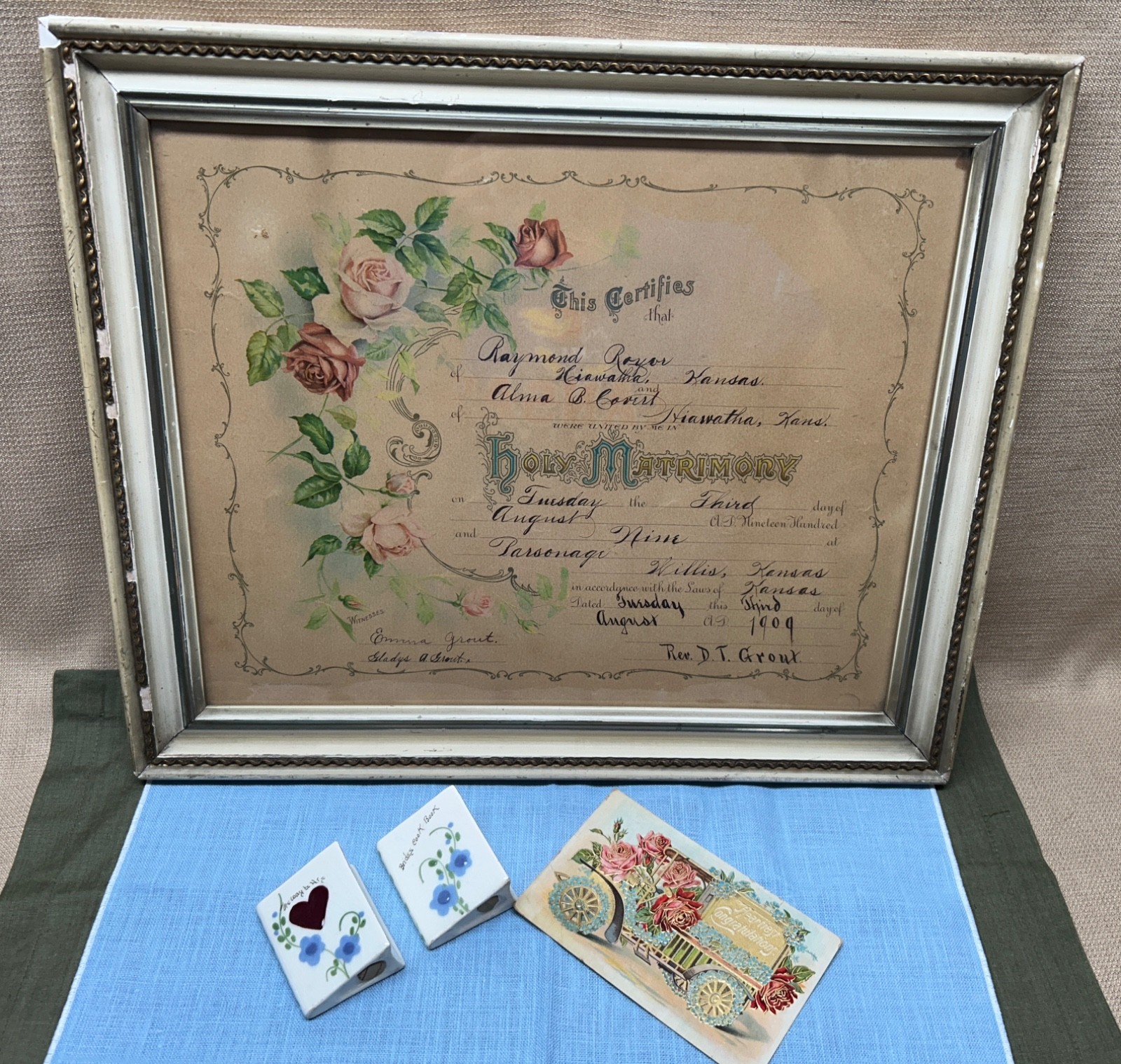 Antique Wedding Certificate 1909 Framed 17 x 14, and Antique Salt and Pepper Sha
