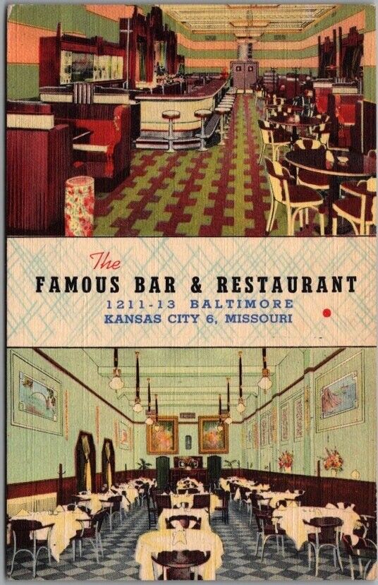 Kansas City, Missouri Postcard THE FAMOUS BAR & RESTAURANT 2 Views / Linen 1947