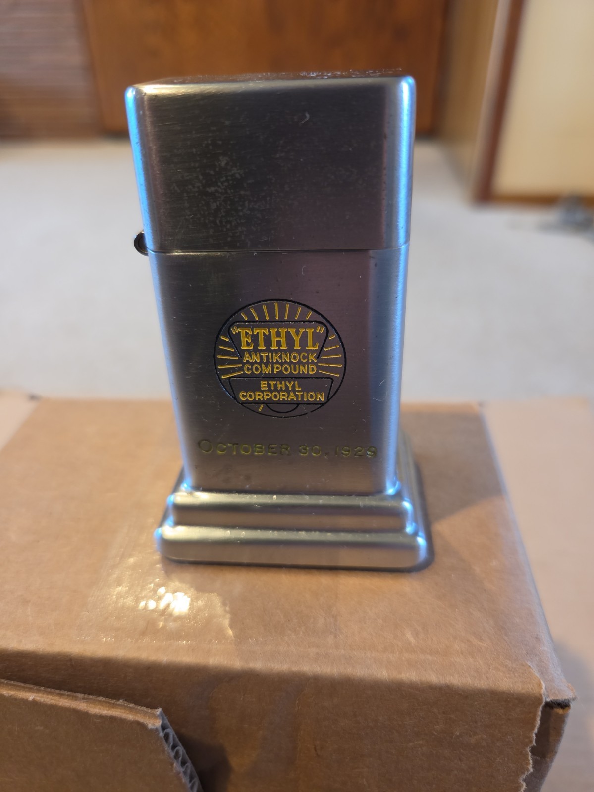 Vintage 1950s Zippo Barcroft Table Lighter Ethyl Antiknock Compound Oct 30, 1929 Vintage 1950s Zippo Barcroft Table Lighter Ethyl Antiknock Compound Oct 30, 1929