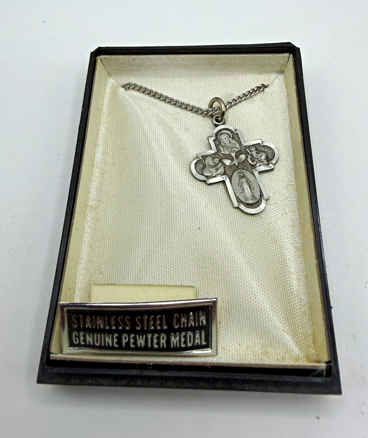 Vintage Catholic Four Way Medal Cross Pewter Stainless Steel Chain Boxed Vintage Catholic Four Way Medal Cross Pewter Stainless Steel Chain Boxed