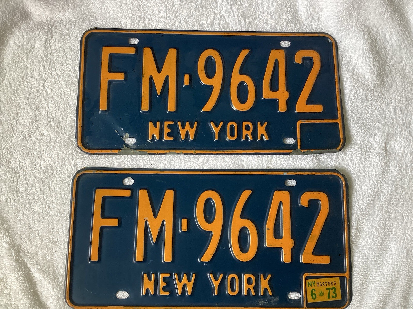 Vintage 1973 New York License Plate Set Tag FM 9642 Vintage 1973 New York License Plate Set Tag FM 9642