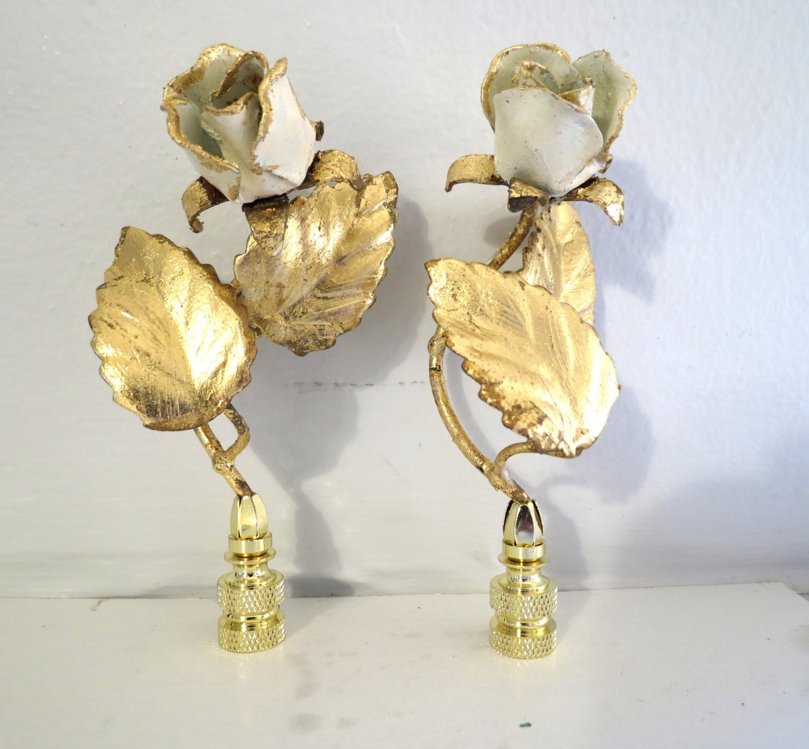 Vintage Italian Gold Tole Rose Finials Pair in Brass Bases, LUXE CHIC MCM