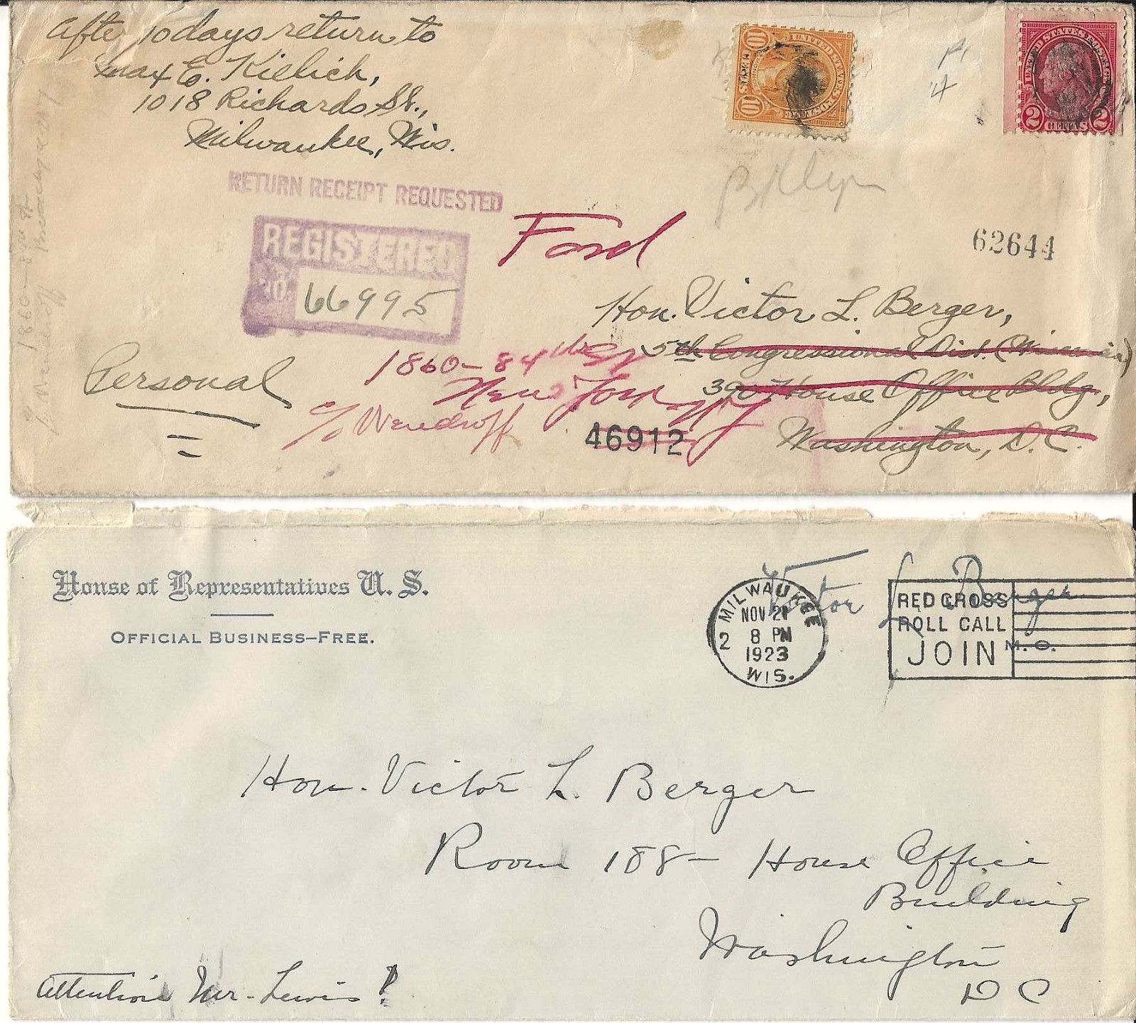 VICTOR BERGER-1st SOCIALIST ELECTED TO CONGRESS-1911-1913-ENVELOPE- COA