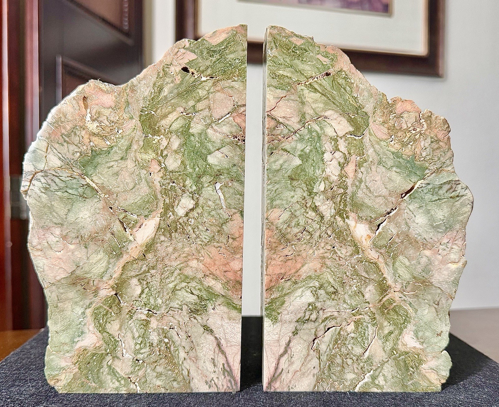 Beautiful Pair Of Polished Green Rhyolite Or Jasper Bookends With Felt Bottoms Beautiful Pair Of Polished Green Rhyolite Or Jasper Bookends With Felt Bottoms