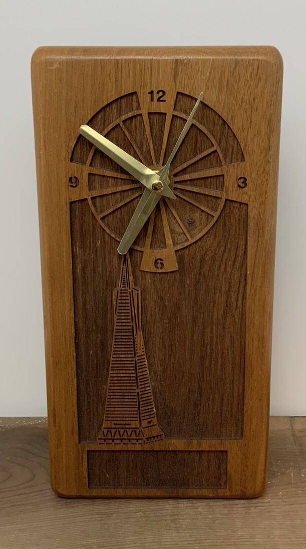Vintage Clock Transamerica Pyramid Building Laser Carved Wood New Movement