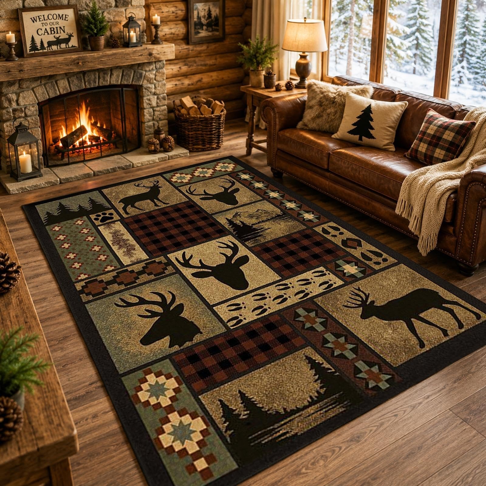 Deer Rug, 3x5 ft Rustic Lodge Cabin Carpet with Buffalo Plaid Wildlife Design...