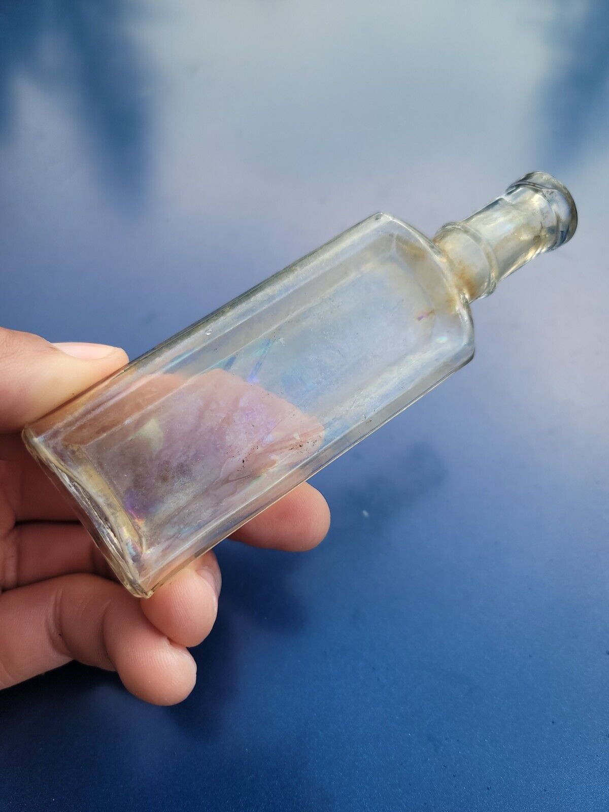 Old Irridescent Sunken Paneled Medicine Bottle Antique clear pharmacy Bottle