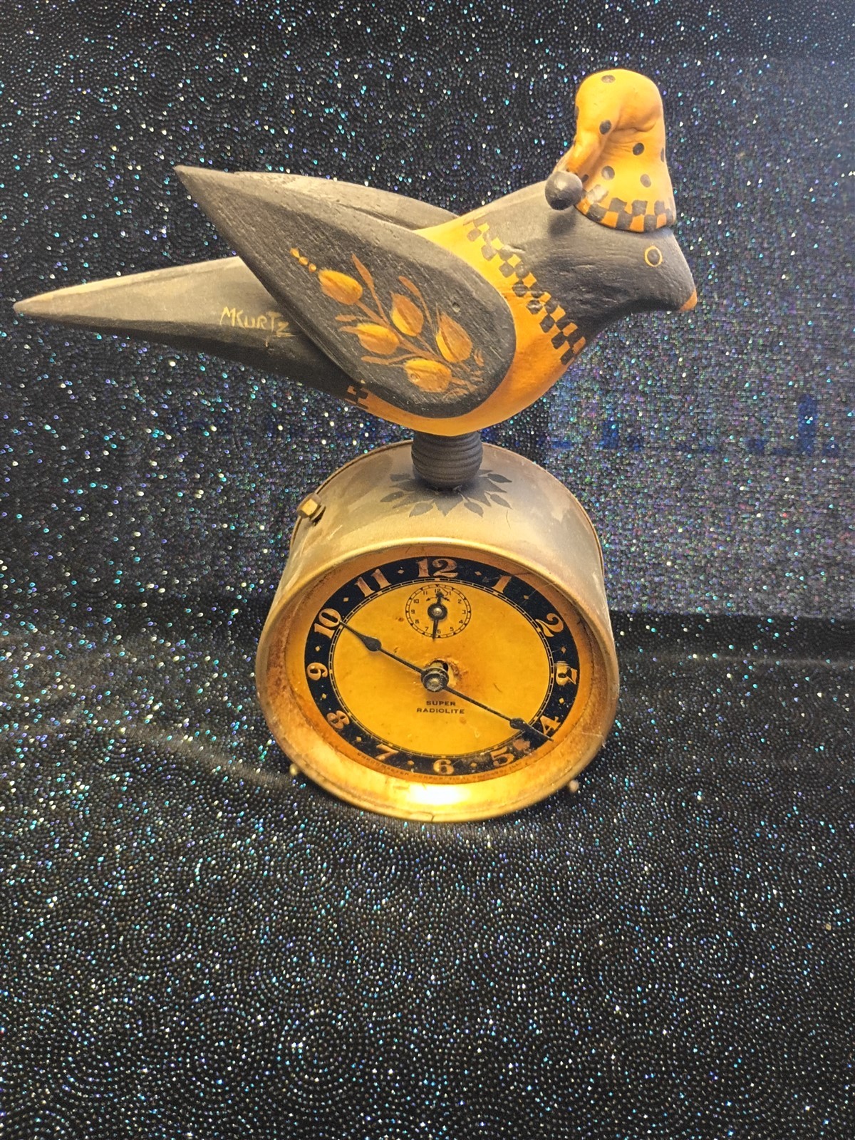 Wind Up Alarm Clock Toleware Antique Folk Art Maria Kurtz Hand Painted Signed
