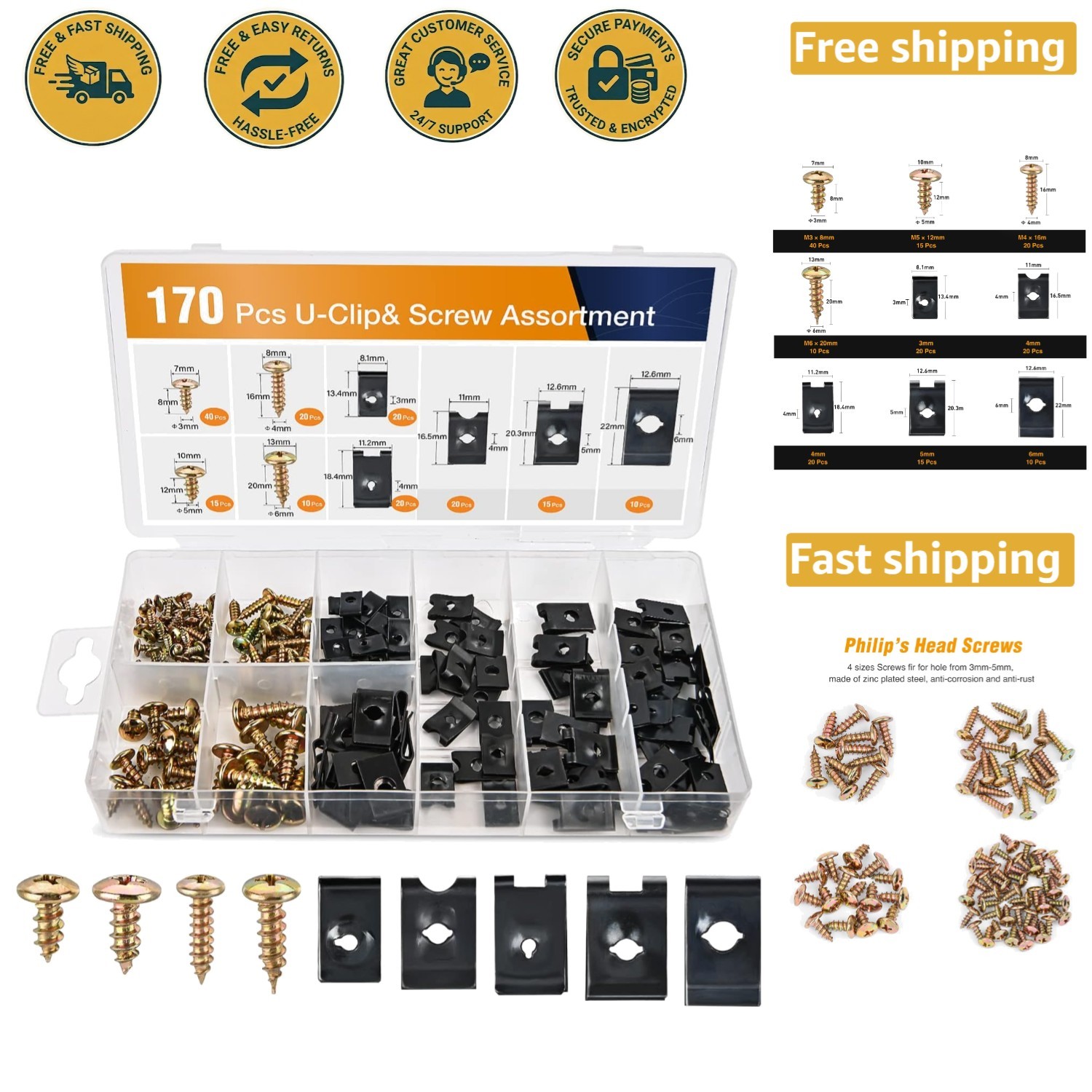 Comprehensive 170-Pc U-Clip and Screw Assortment Kit - Ideal for Car Maintenance