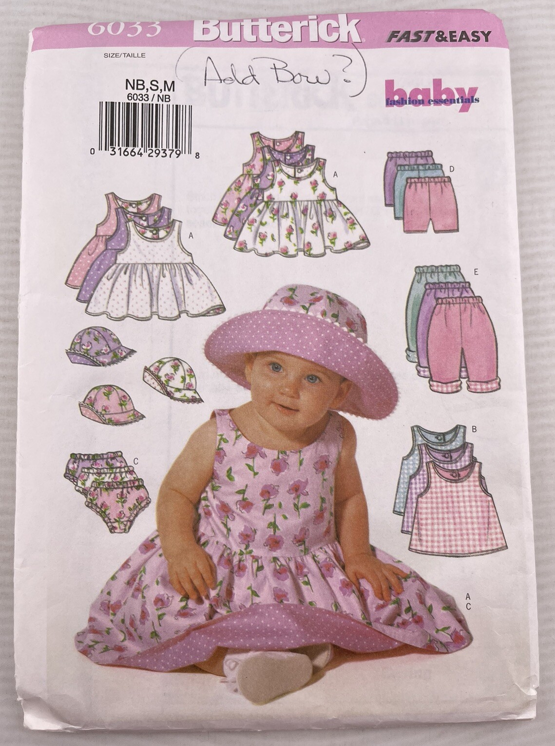 1990\'s Butterick Infants\' Dress,Top,Pants,Shorts,Panties Pattern 6033 Size NB-M