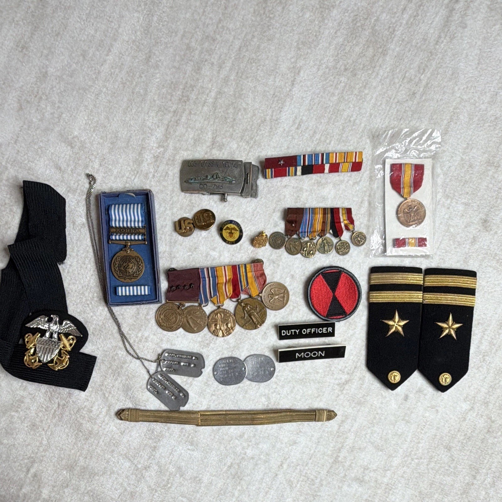 WWII & Korea US Navy Named Veteran Charles Mims Moon Medal Dog Tag Uniform Lot WWII & Korea US Navy Named Veteran Charles Mims Moon Medal Dog Tag Uniform Lot