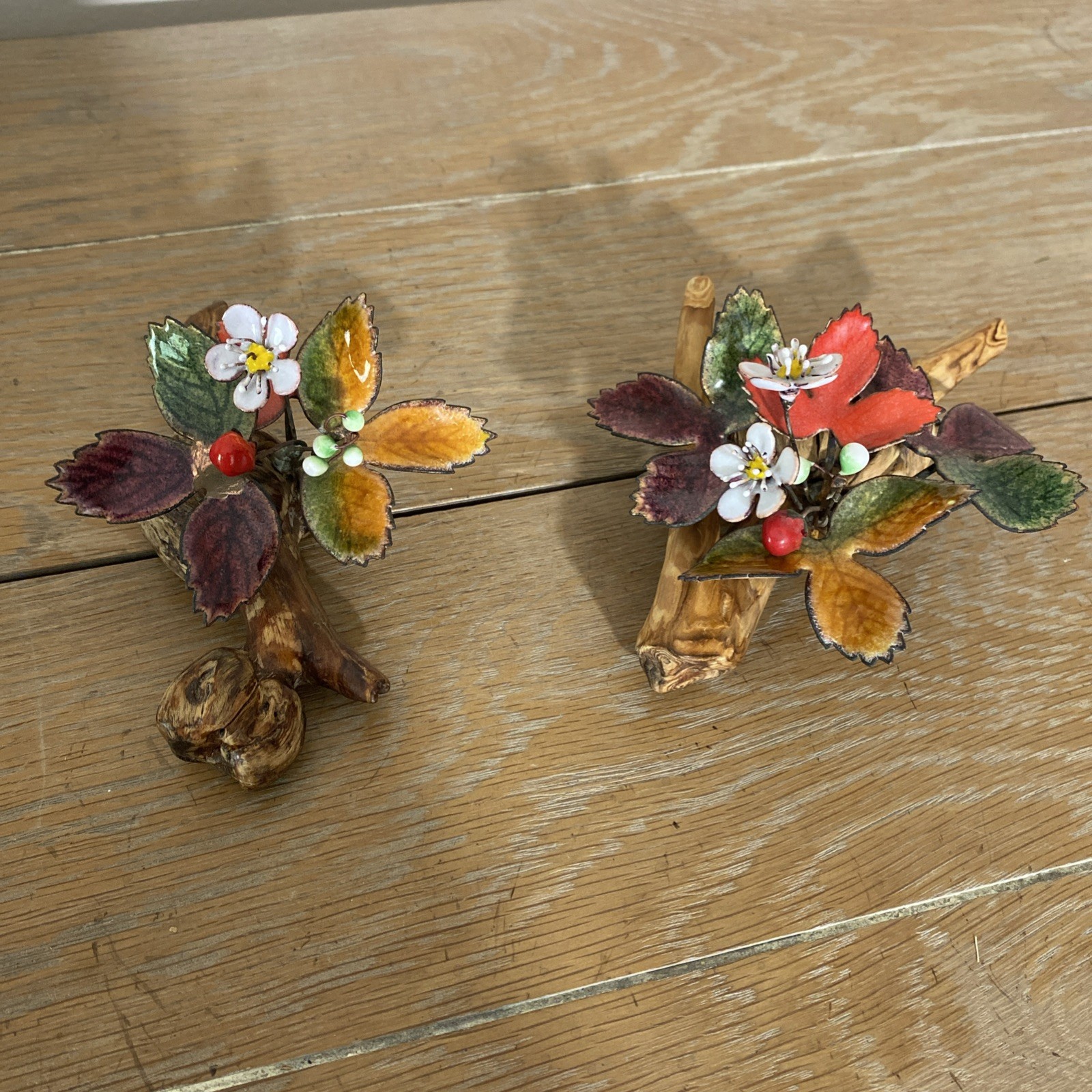 2 Norman Brumm Enameled Copper Wild Strawberries on Burl Wood Flowers & Leaves 2 Norman Brumm Enameled Copper Wild Strawberries on Burl Wood Flowers & Leaves