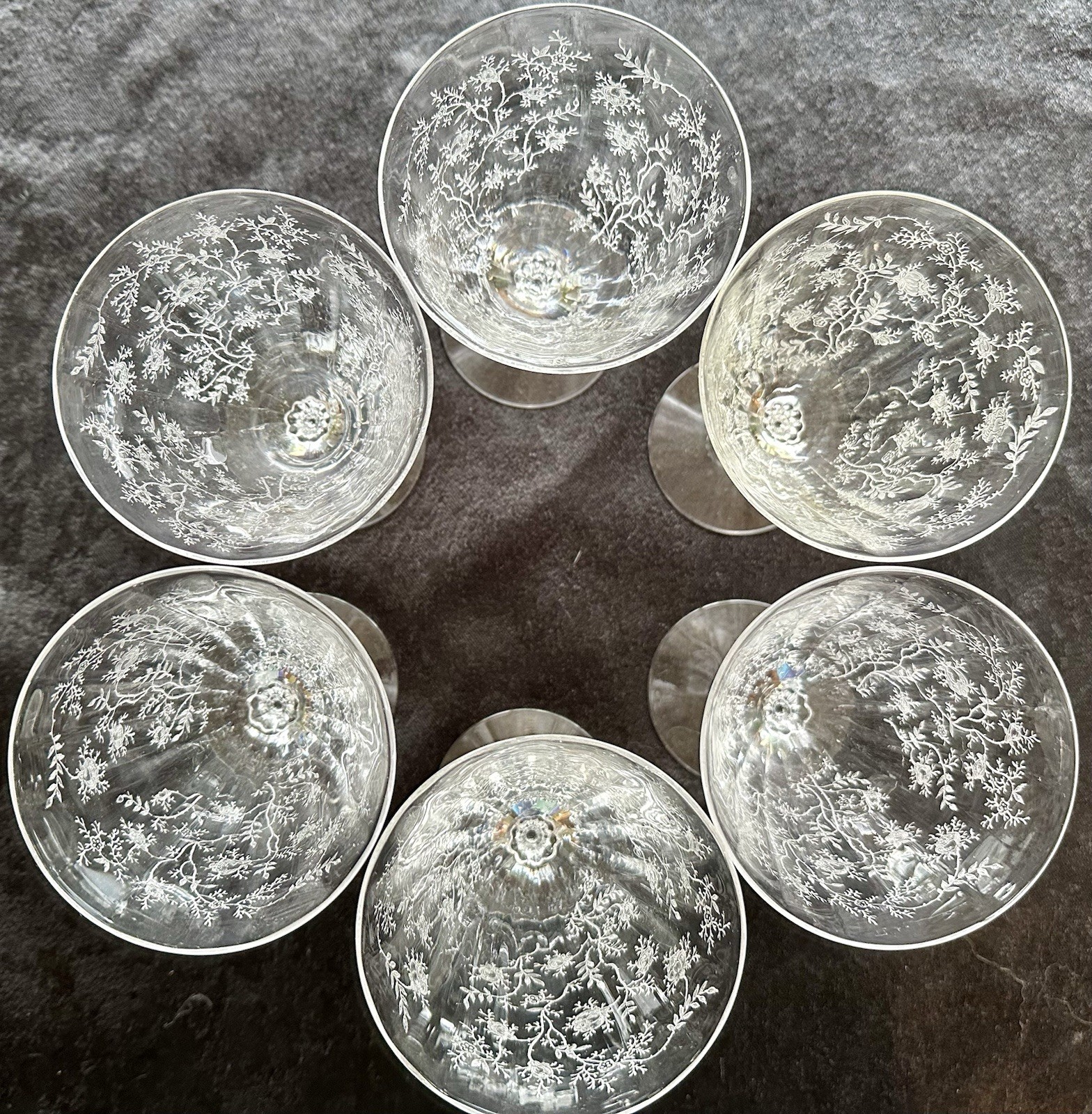 Six mint vintage Fostoria Chintz etched glass wine water goblets 6.5 tall 10oz