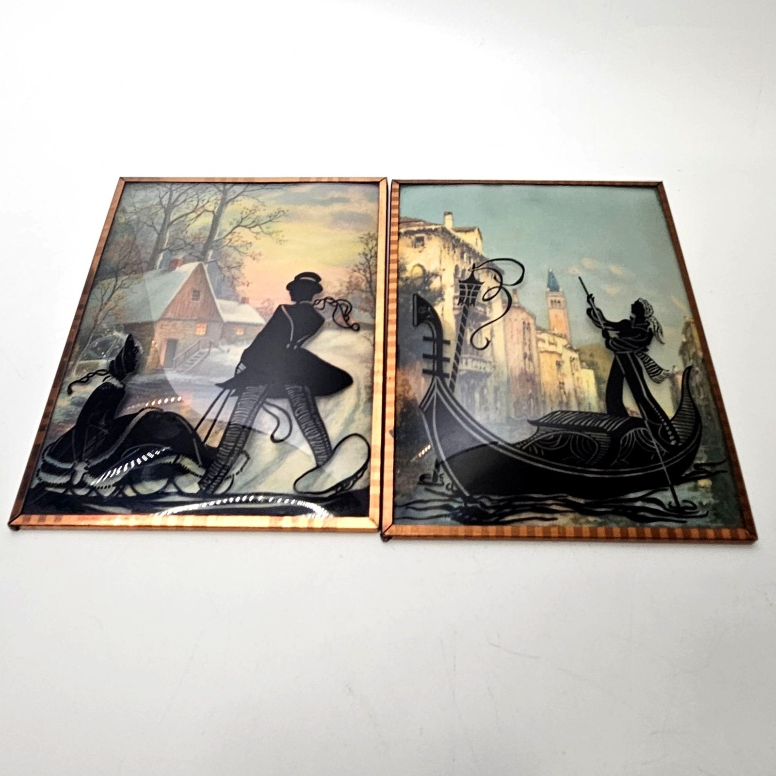 Lot of 2 Vintage Reverse Painted Convex Glass Art 1930s Gondola Victorian Couple