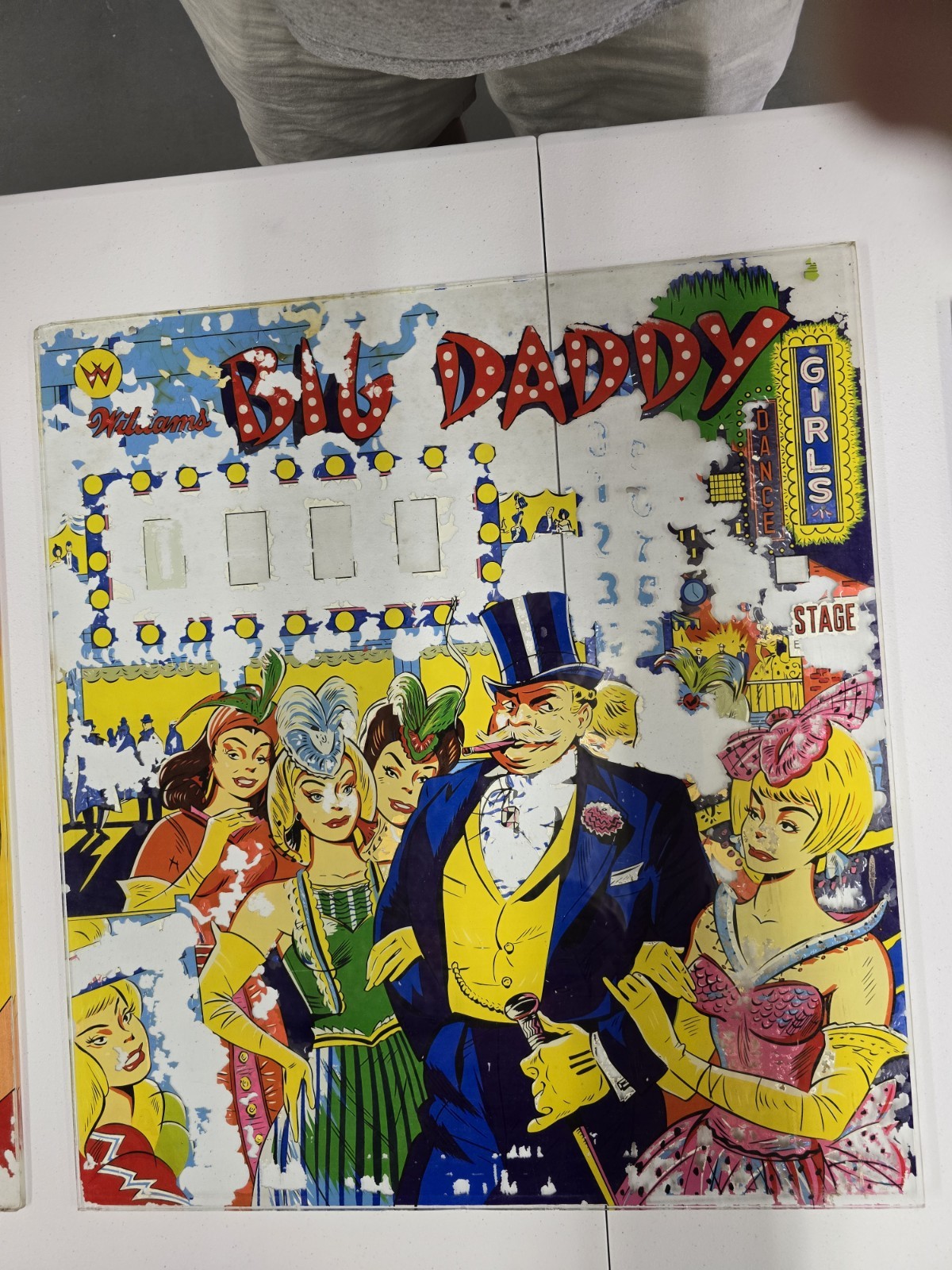 1963 Williams Big Daddy Pinball Machine Back Glass Original 1963 Williams Big Daddy Pinball Machine Back Glass Original