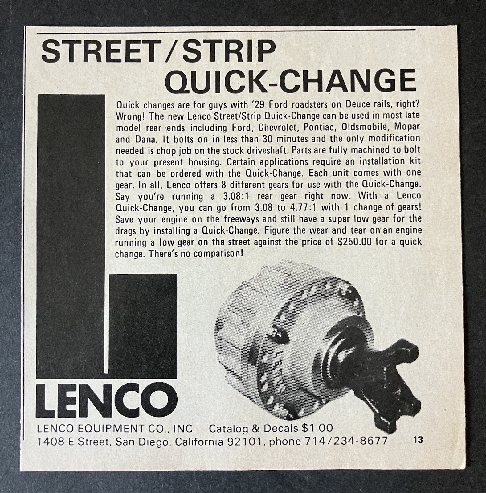 1972 Lenco Equipment Co. Street/Strip Quick Change Gear B&W Vintage Print Ad 1972 Lenco Equipment Co. Street/Strip Quick Change Gear B&W Vintage Print Ad