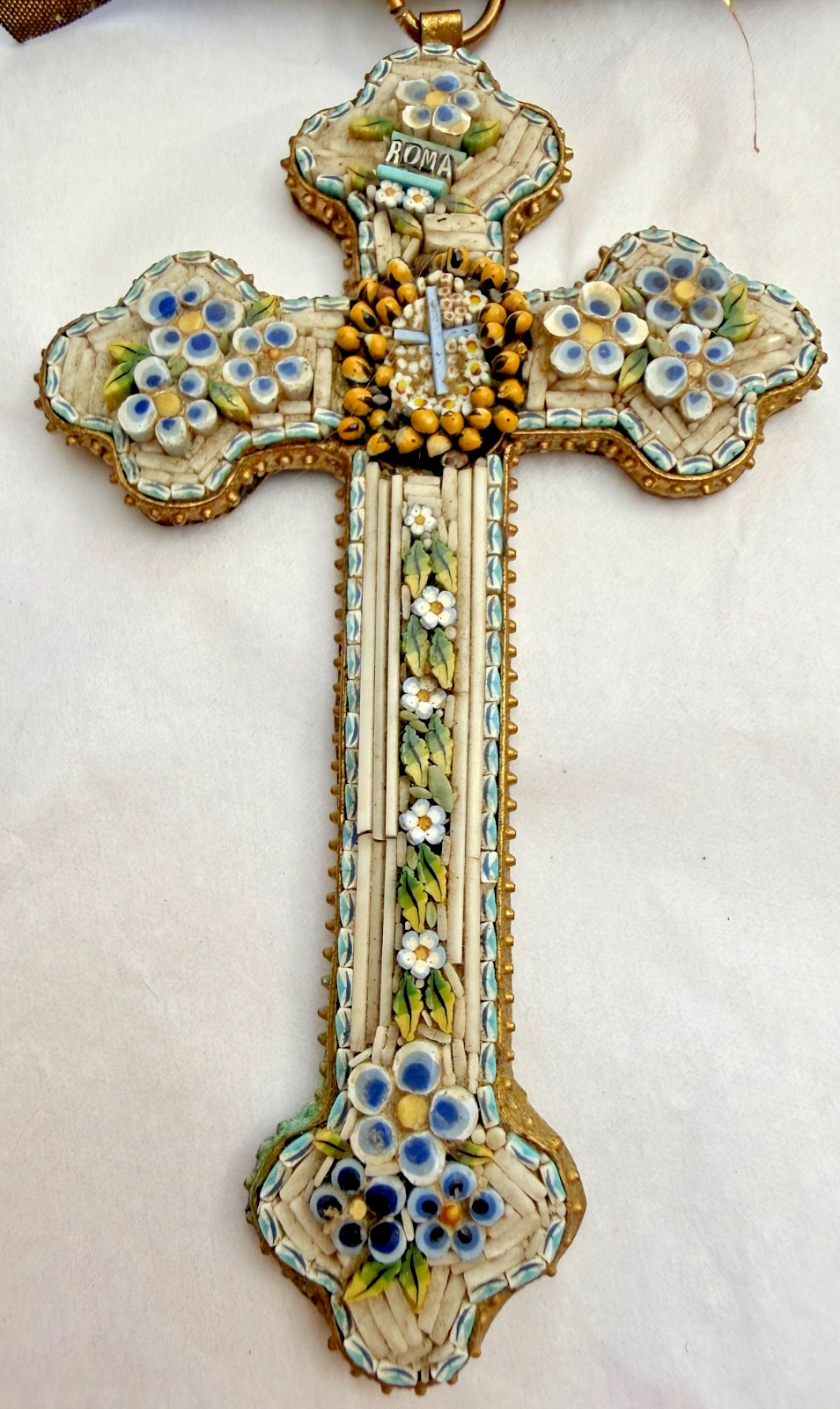 Antique Italian Micro Mosaic ROMA Cross Pendant Vintage Floral Religious Souveni Antique Italian Micro Mosaic ROMA Cross Pendant Vintage Floral Religious Souveni