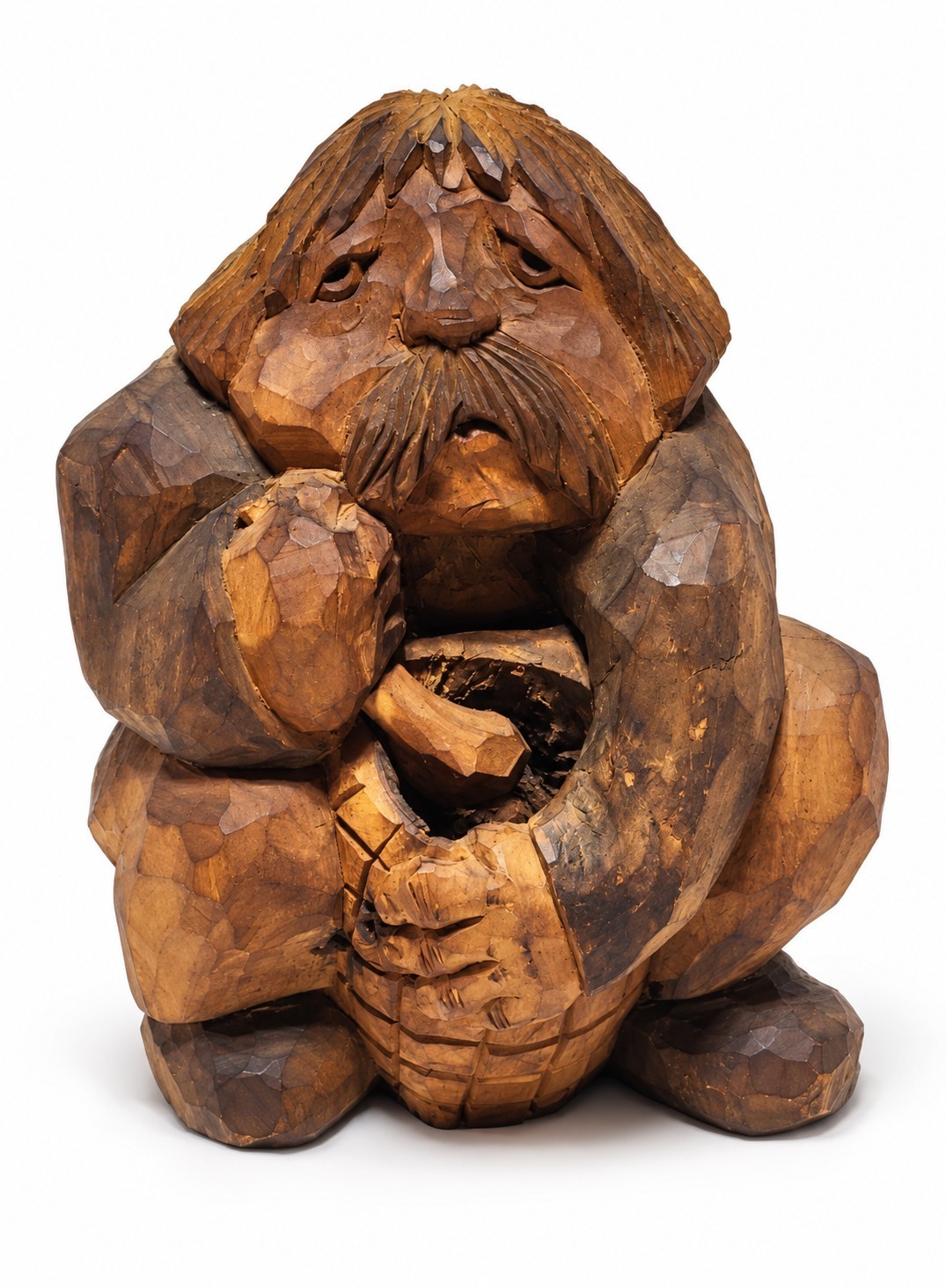 Vtg Hand Carved Wood Man w Barrel Churn Folk Art Stump Sculpture 12” Mustache Vtg Hand Carved Wood Man w Barrel Churn Folk Art Stump Sculpture 12” Mustache