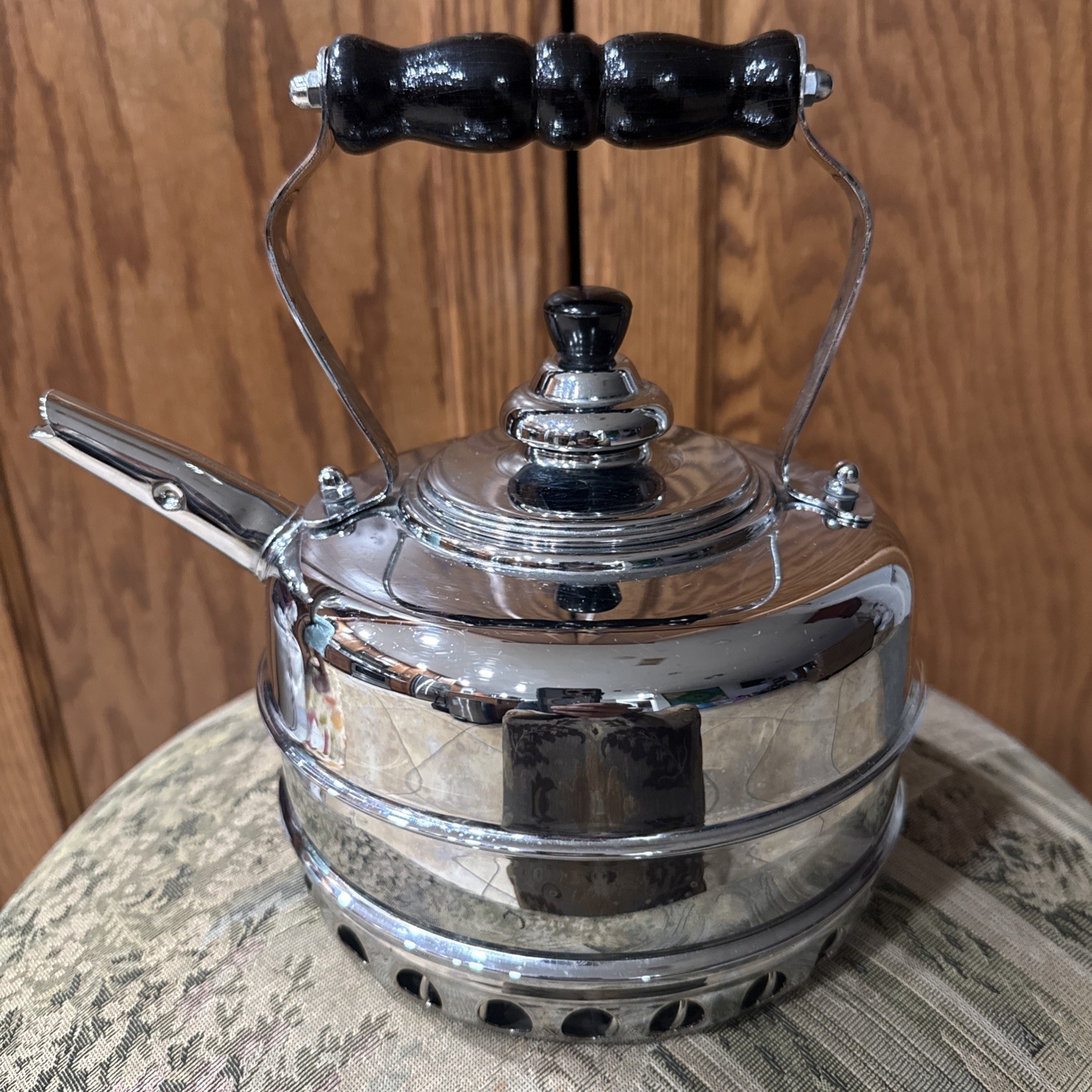Vintage Simplex Patent Solid Copper Chrome Whistling Tea Kettle Made in England