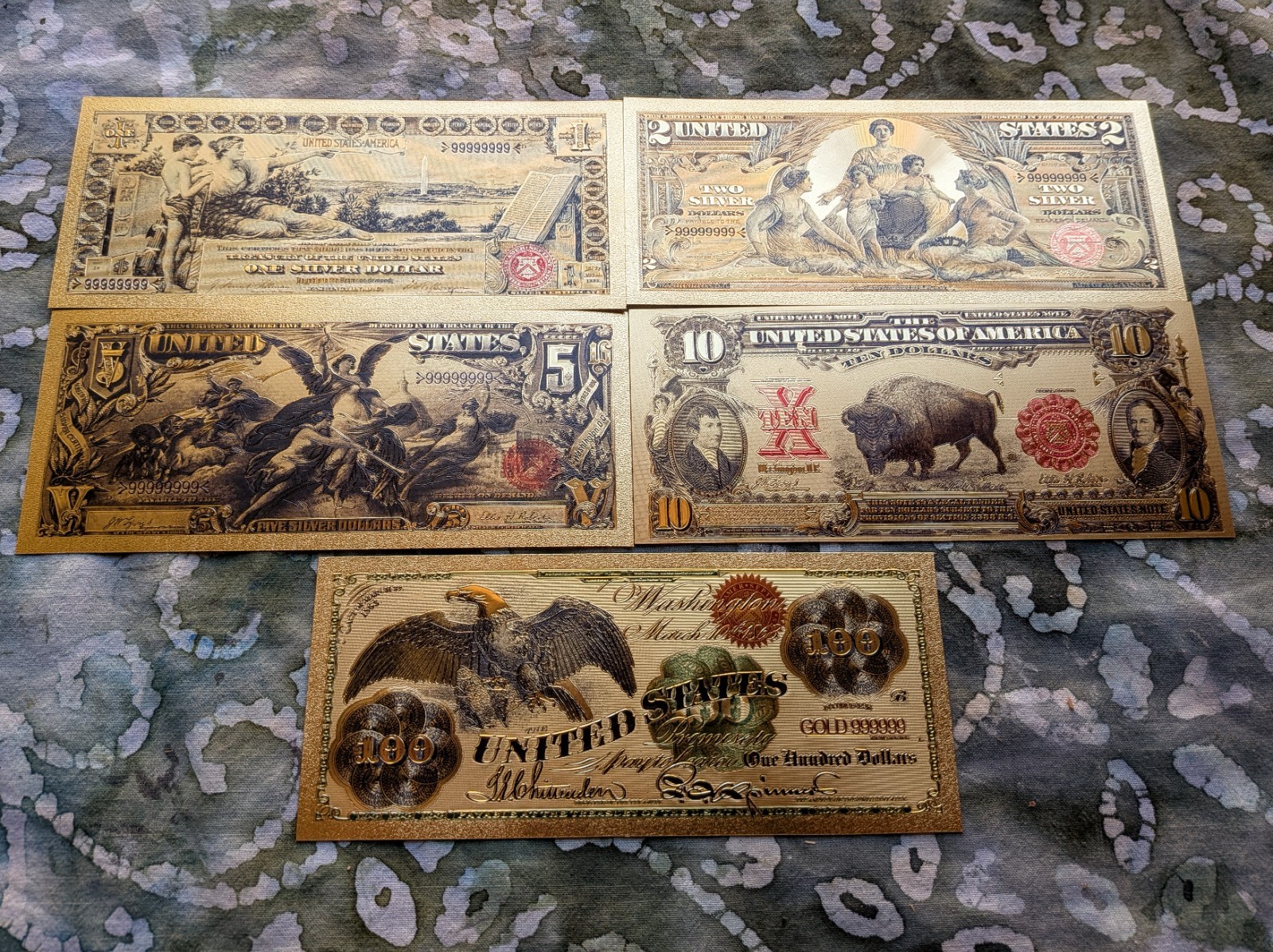 5pc USA Vintage Currency Treasury Gold Foil Collectible Novelty Banknote set 5pc USA Vintage Currency Treasury Gold Foil Collectible Novelty Banknote set