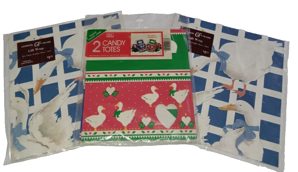 3 pc NOS Vtg Gordon Fraser Gift Wrap Wrapping Paper Geese + Xmas Duck Candy Box 3 pc NOS Vtg Gordon Fraser Gift Wrap Wrapping Paper Geese + Xmas Duck Candy Box