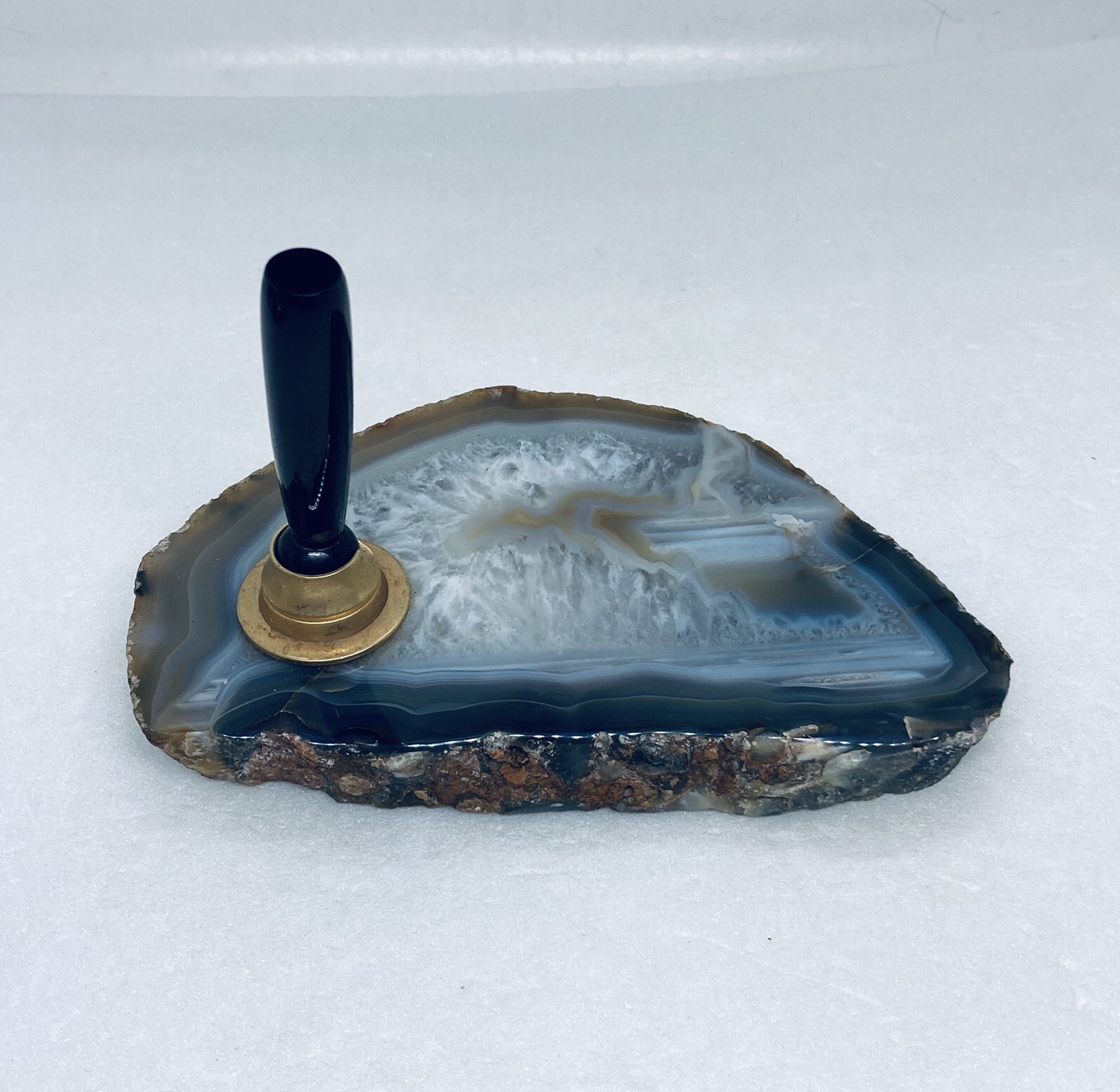 Vintage 1960s Agate Stone Desktop Pen Pencil Holder Paperweight Art Decor 36