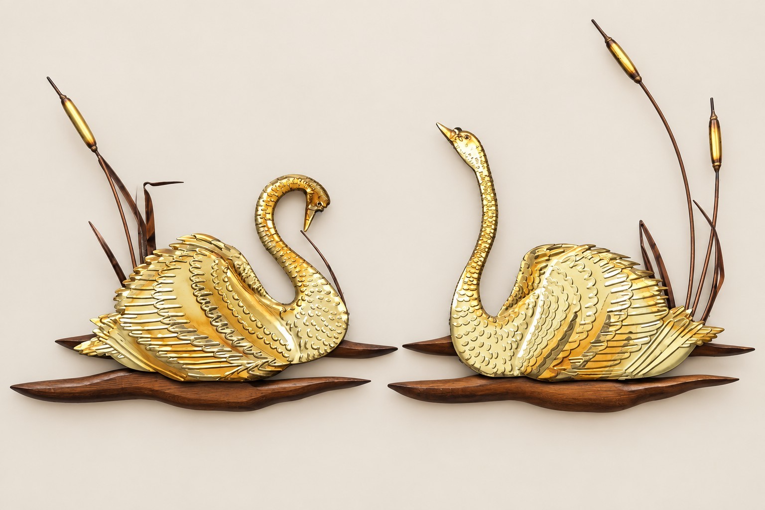 Vintage MCM Brass Copper Swan Wall Art Pair Wood Cattails Mid Century Decor