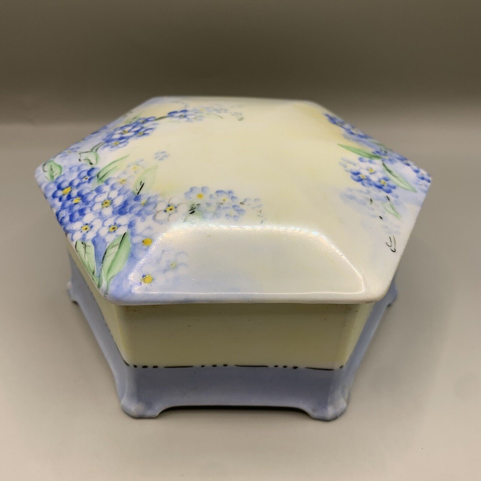 Large Antique MZ Austria Porcelain Footed Trinket Box Blue Floral Pattern Signed