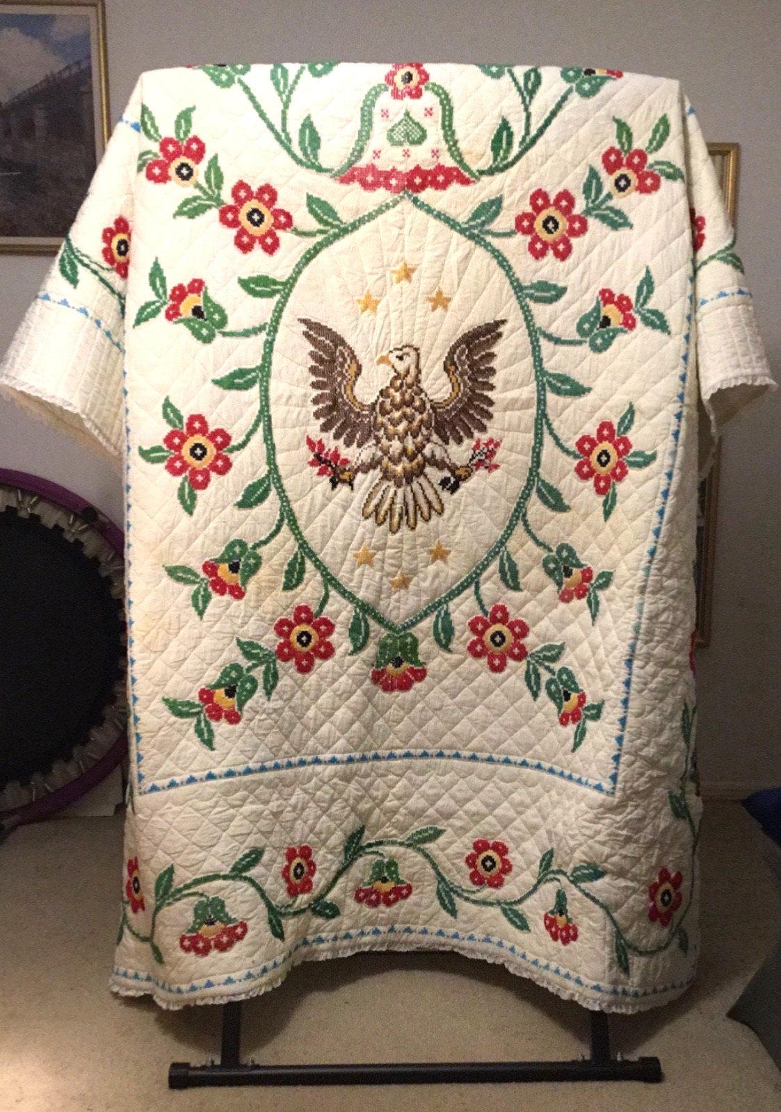 Vintage Homemade Needlepoint Eagle Themed Quilt Vintage Homemade Needlepoint Eagle Themed Quilt