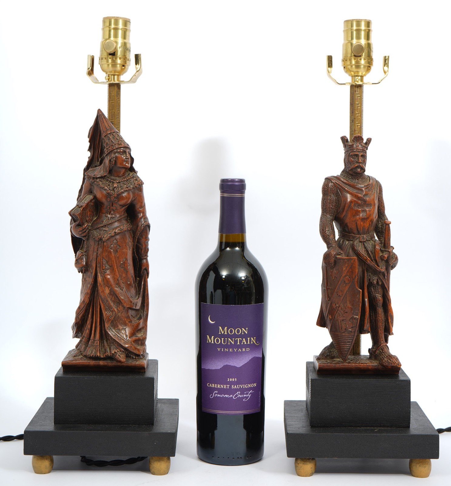 19th Century Pair of Carved Wooden Figure Lamps Custom Mounted