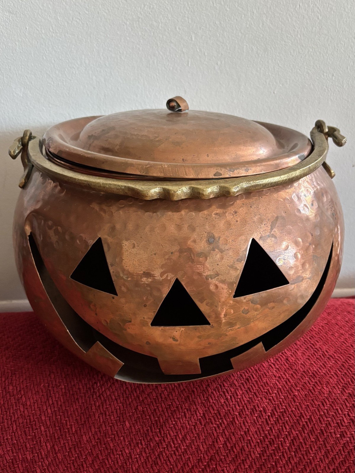 Vintage XL Solid Copper Jack O Lantern Pumpkin Halloween Brass Handle