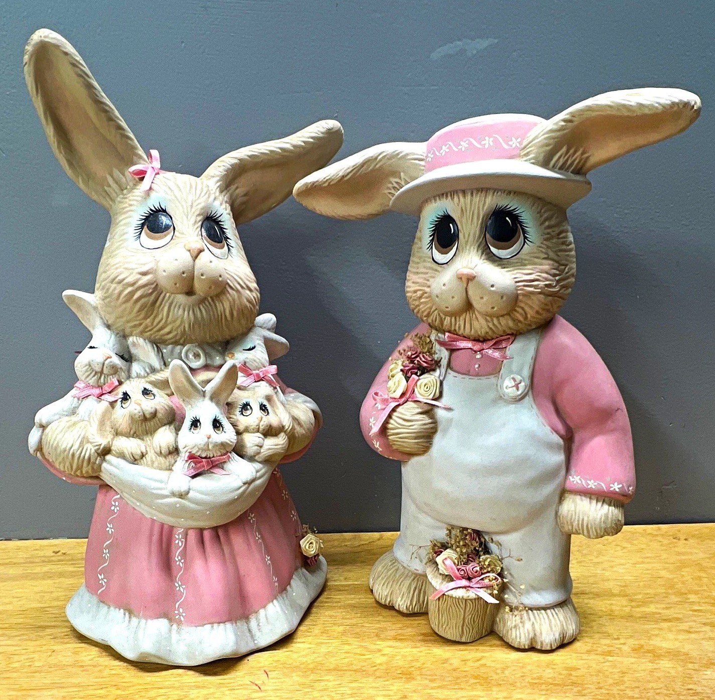 Vintage Sue Spears 1990 Ceramic Rabbit Figurines Set of 2 Pink Dress & Overalls Vintage Sue Spears 1990 Ceramic Rabbit Figurines Set of 2 Pink Dress & Overalls