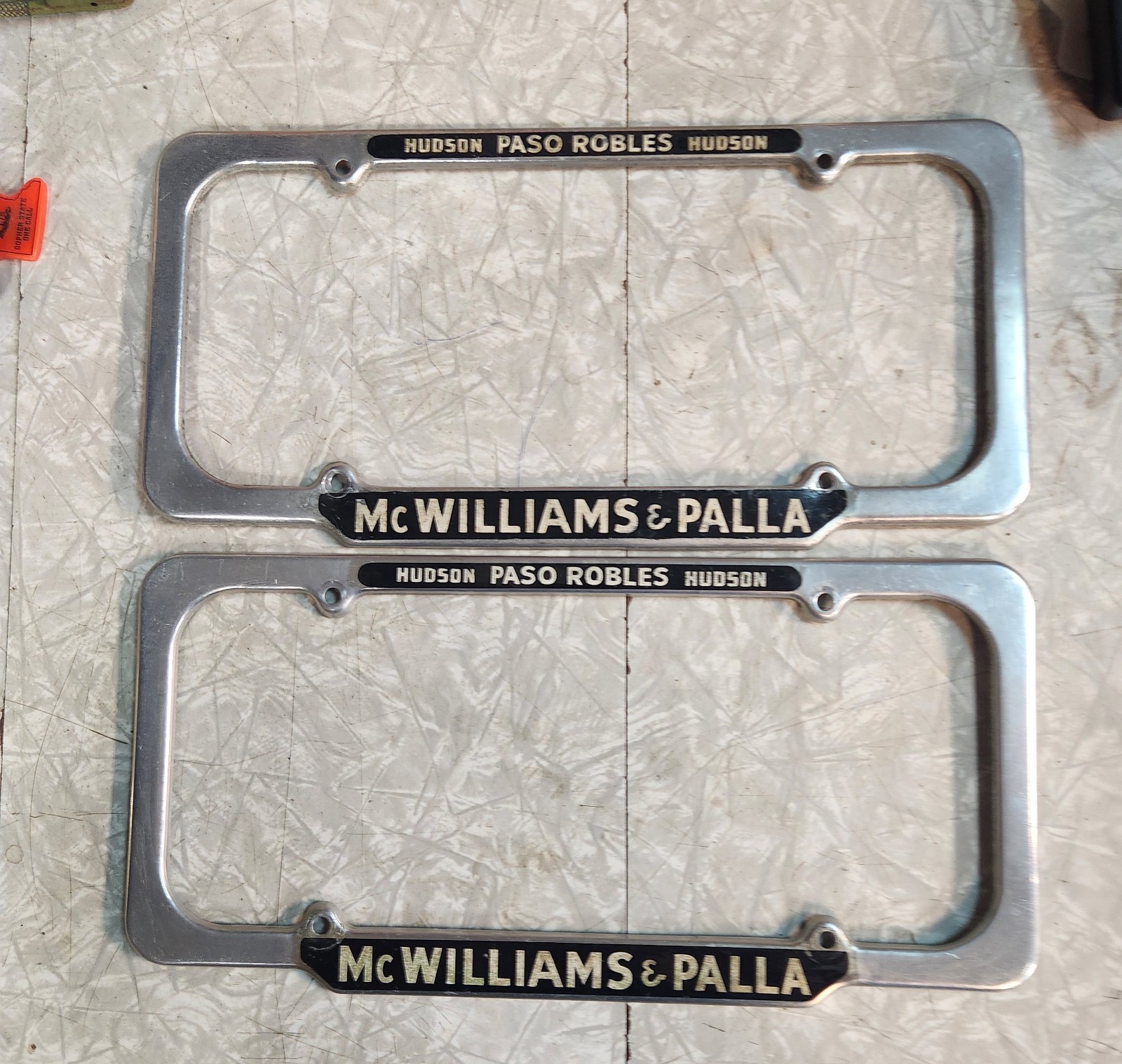 Vintage Hudson License Plate Frame 1940\'s Paso Robles Ca. McWilliams & Palla Vintage Hudson License Plate Frame 1940\'s Paso Robles Ca. McWilliams & Palla