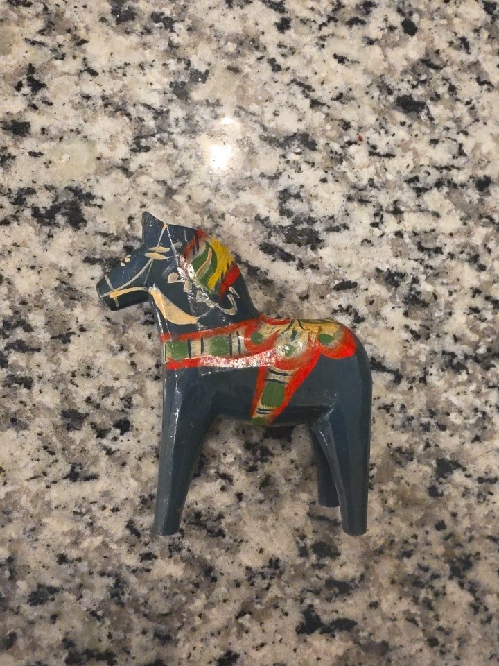 Wooden Swedish Dala Horse Blue with Painted Design by Nils Olson Wooden Swedish Dala Horse Blue with Painted Design by Nils Olson